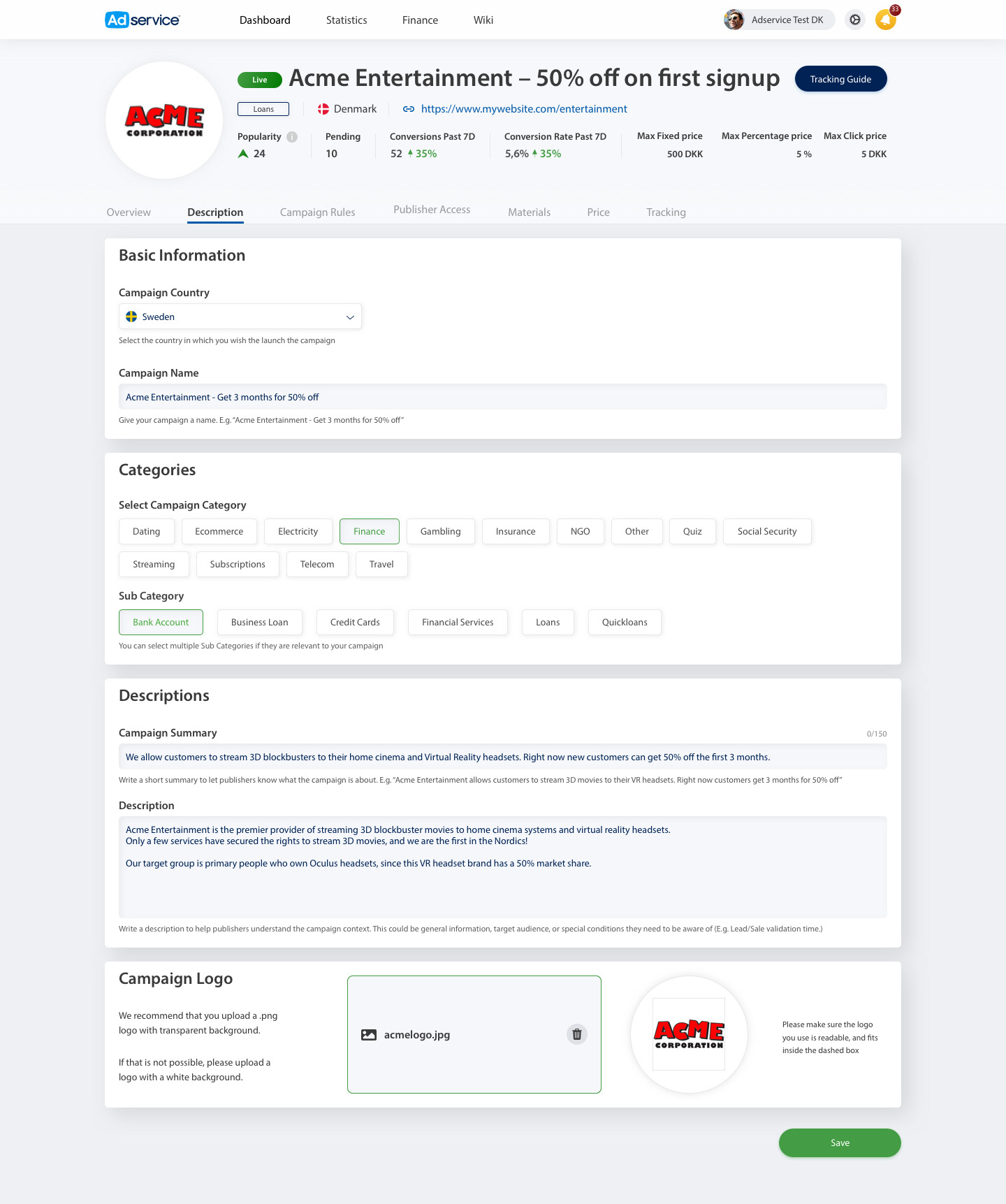 Client campaign editing workflow with categories, description fields, and logo upload