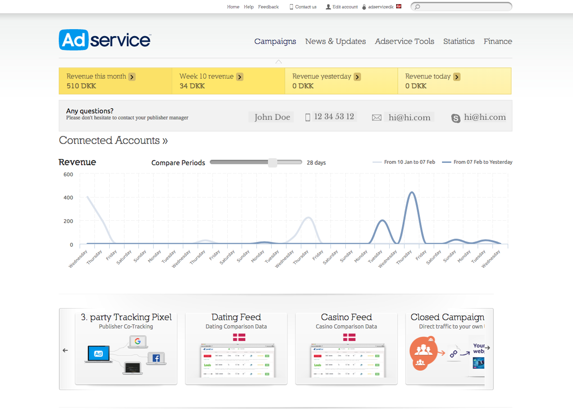 Earlier Publisher dashboard with revenue tiles, contact details, large graph and tools