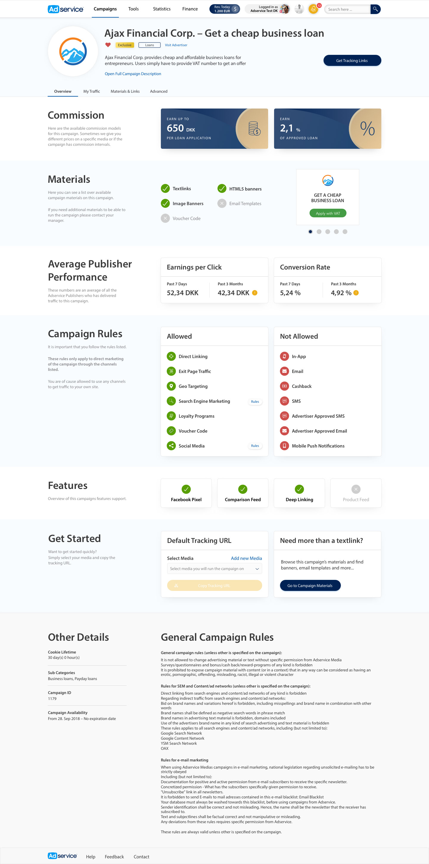 Publisher campaign page with commission, materials, and campaign rules