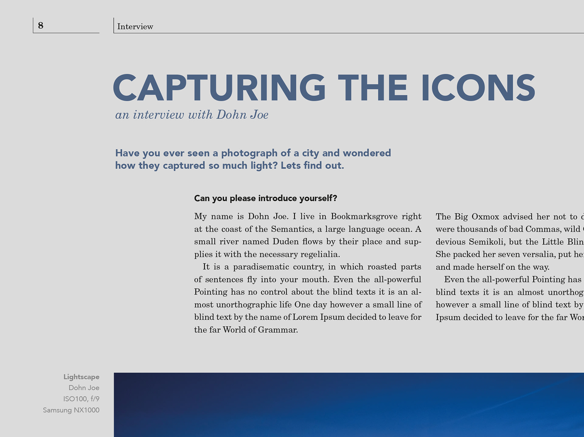 Continuation of the Capturing the Icons interview spread with a night city photograph