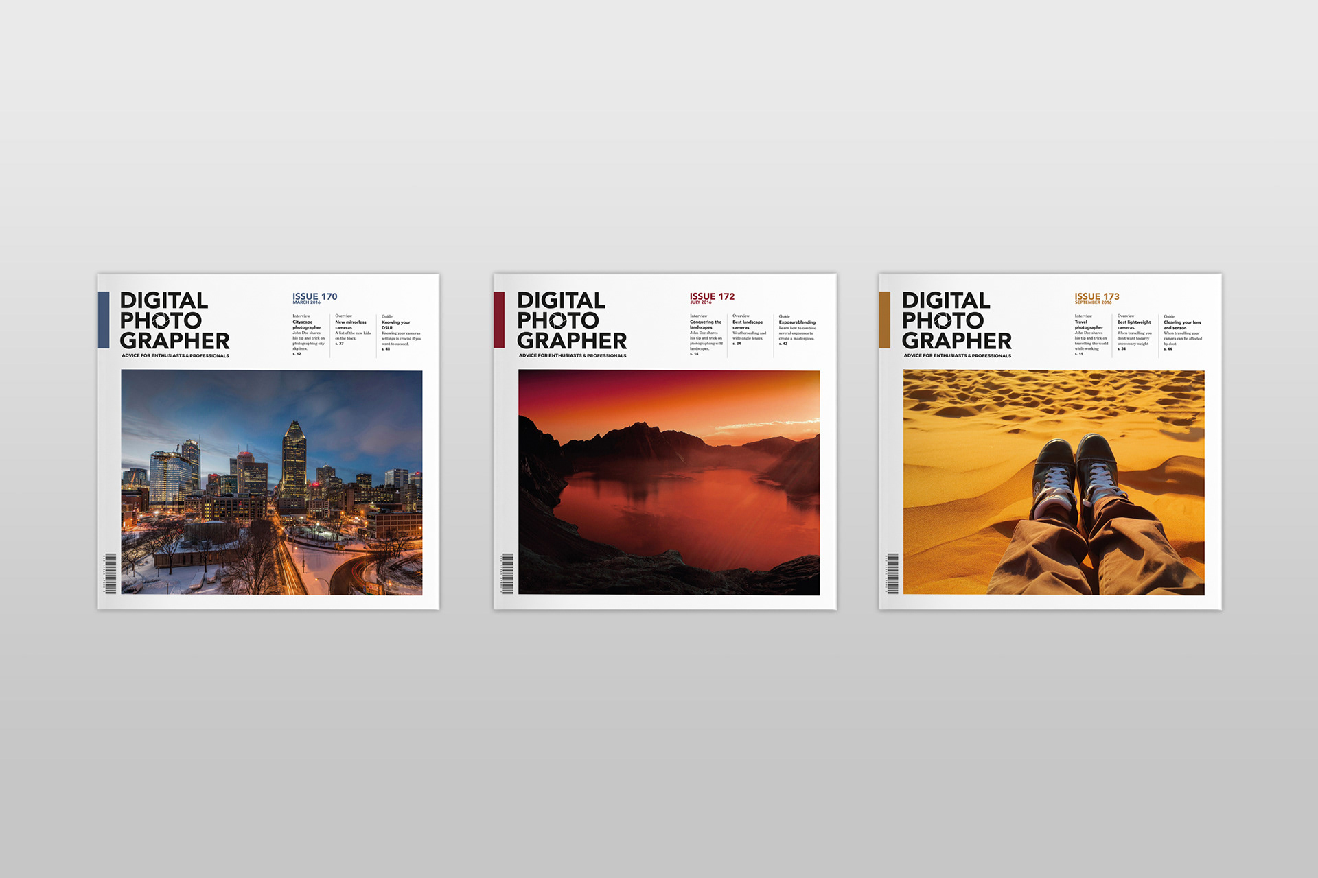 Three Digital Photographer cover designs for issues 170, 172, and 173