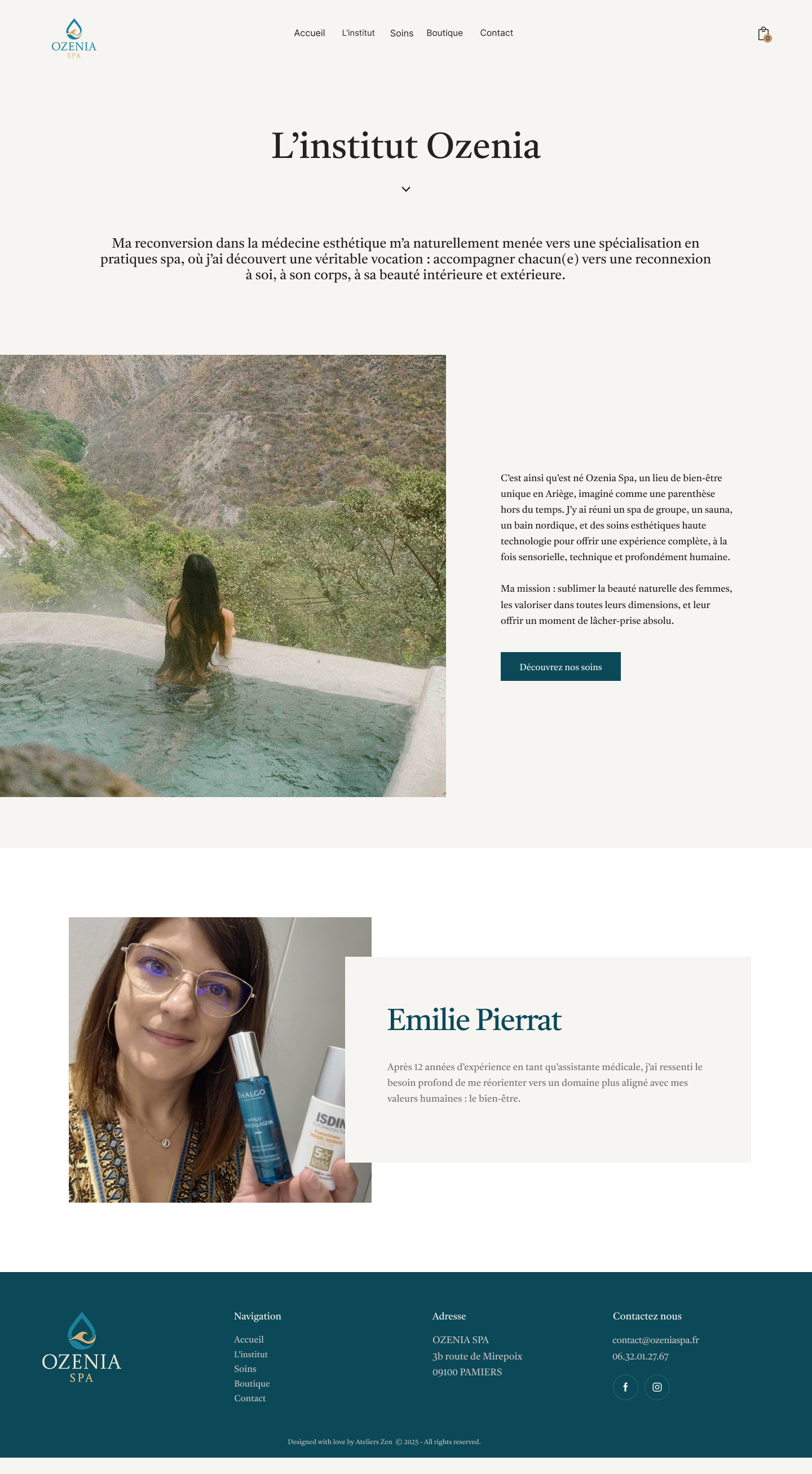 Full-page design of the Ozenia Spa L’institut page