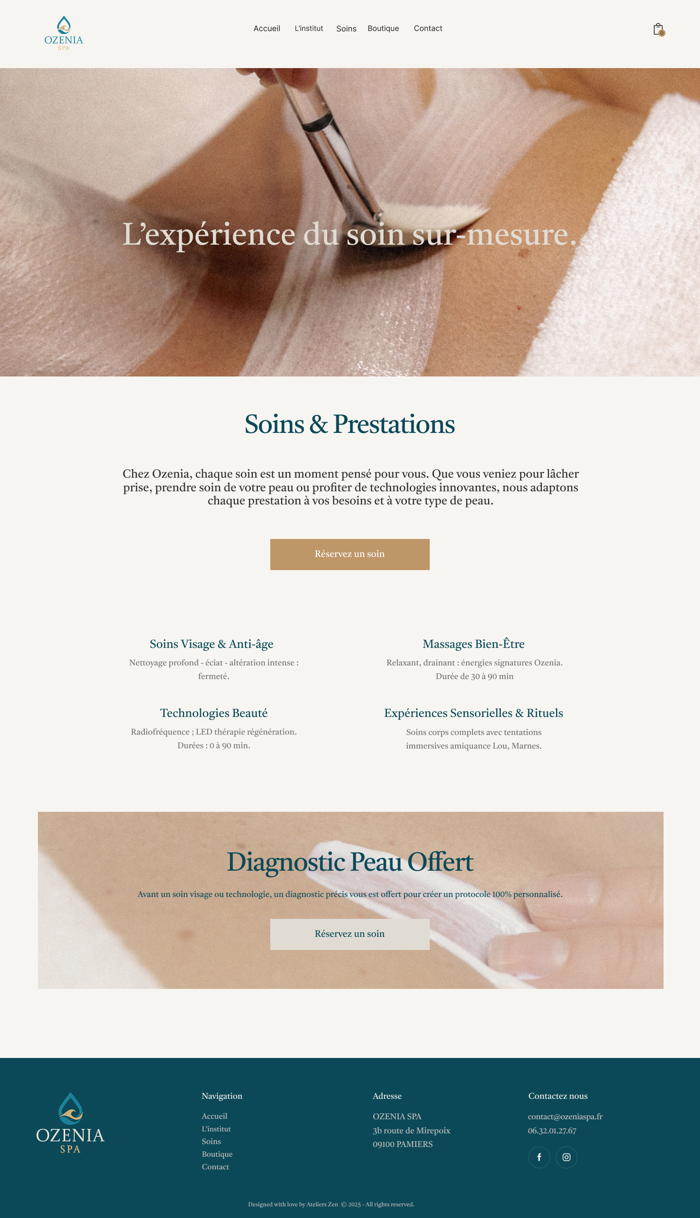 Full-page design of the Ozenia Spa treatments page