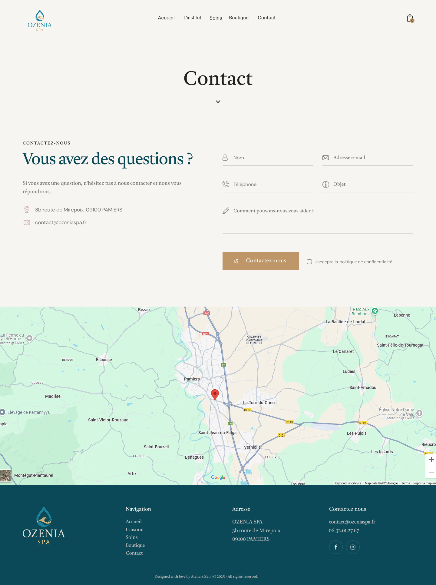 Full-page design of the Ozenia Spa contact page
